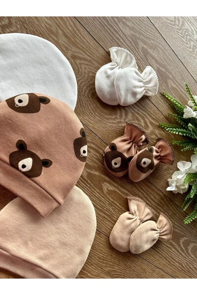 Organic 6-Piece Newborn Baby Gloves Hat Set Bears Coffee - RENKLI PUSET