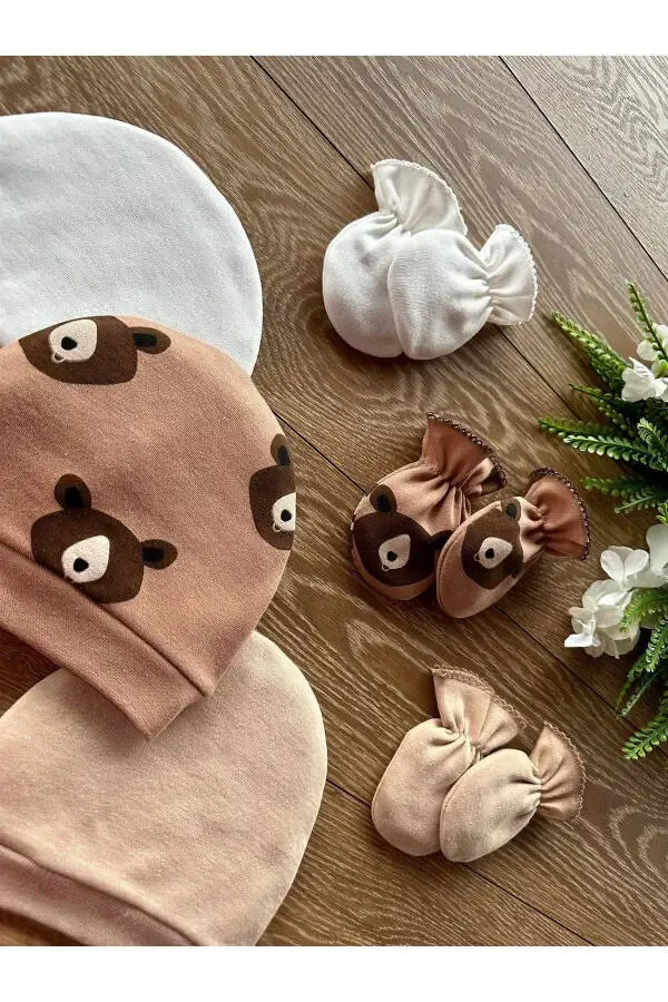 Organic 6-Piece Newborn Baby Gloves Hat Set Bears Coffee - 1