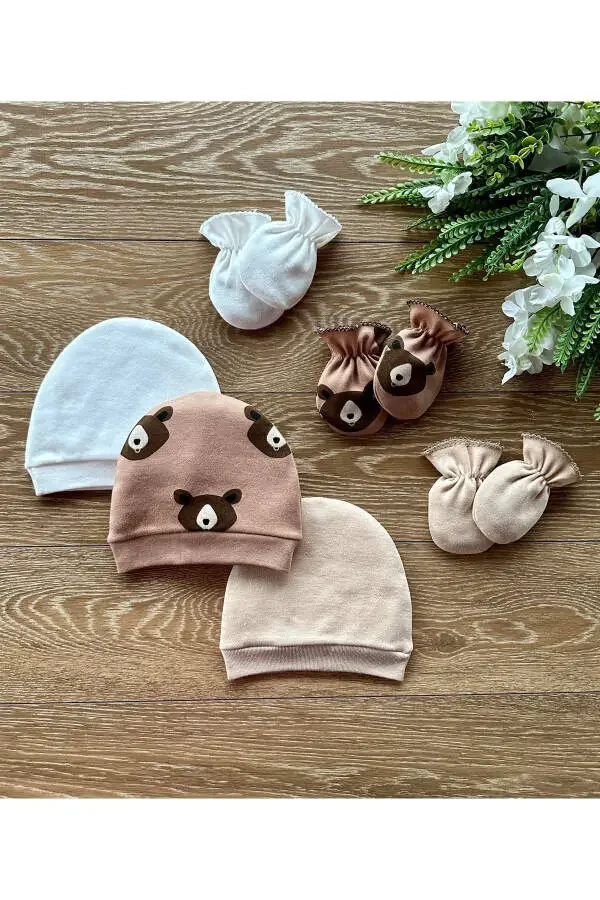 Organic 6-Piece Newborn Baby Gloves Hat Set Bears Coffee - 2