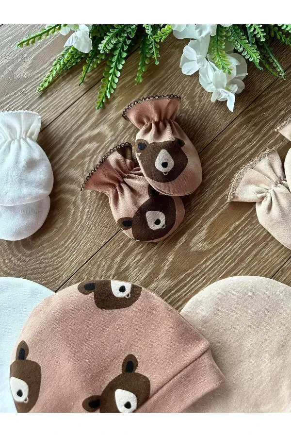 Organic 6-Piece Newborn Baby Gloves Hat Set Bears Coffee - 3