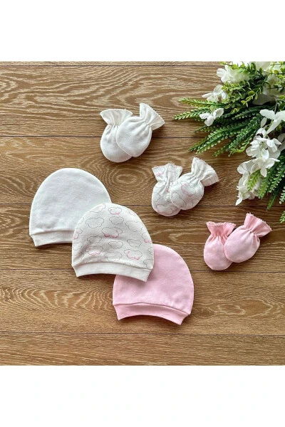 Organic 6-Piece Newborn Baby Gloves Hat Set Cloud - RENKLI PUSET (1)