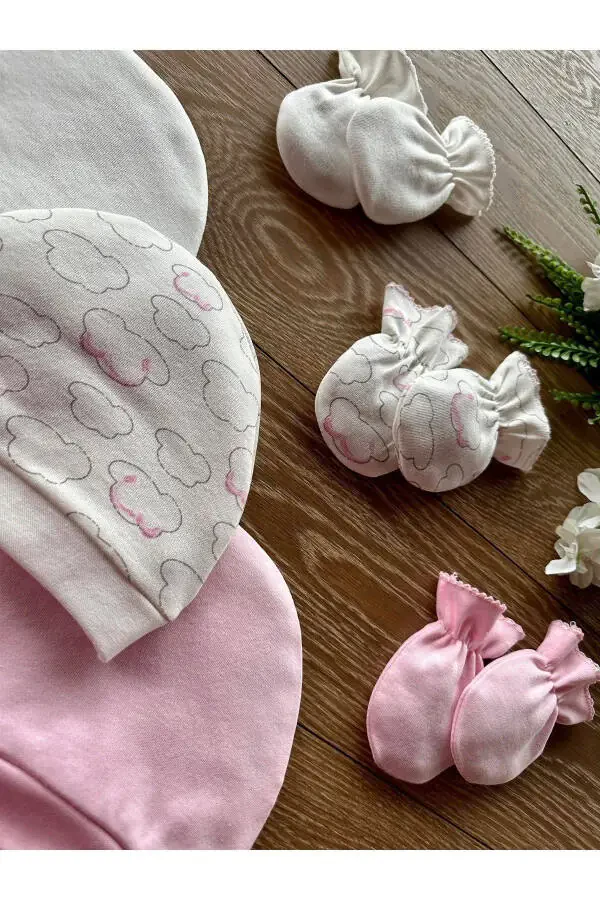 Organic 6-Piece Newborn Baby Gloves Hat Set Cloud - 3