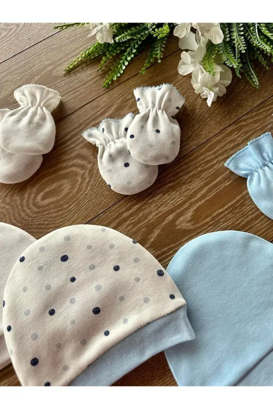 Organic 6-Piece Newborn Baby Mitten Hat Set Dot-Blue - RENKLI PUSET