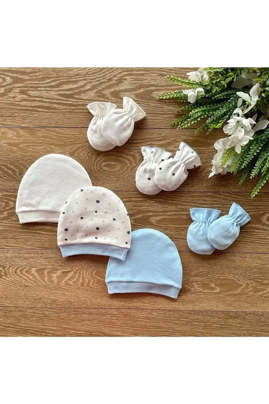 Organic 6-Piece Newborn Baby Mitten Hat Set Dot-Blue - 2