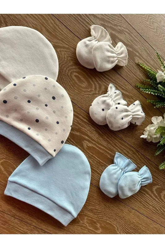 Organic 6-Piece Newborn Baby Mitten Hat Set Dot-Blue - 3