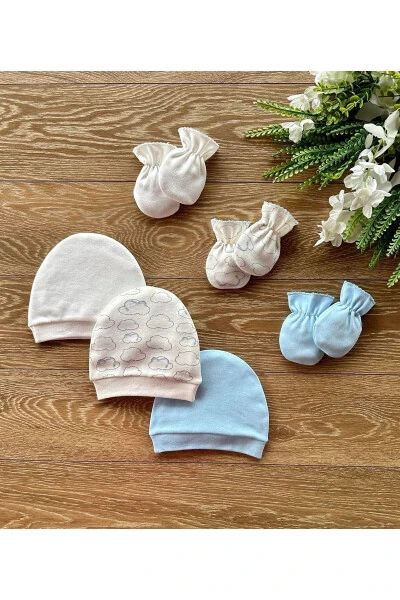 Organic 6-Piece Newborn Baby Mittens Hat Set Cloud - RENKLI PUSET (1)