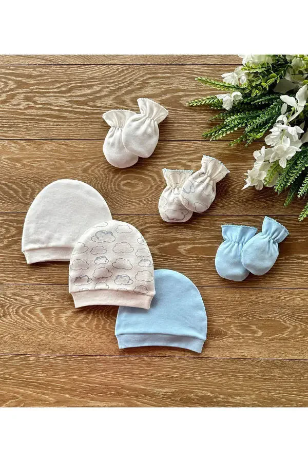 Organic 6-Piece Newborn Baby Mittens Hat Set Cloud - 2