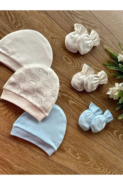 Organic 6-Piece Newborn Baby Mittens Hat Set Cloud - 3