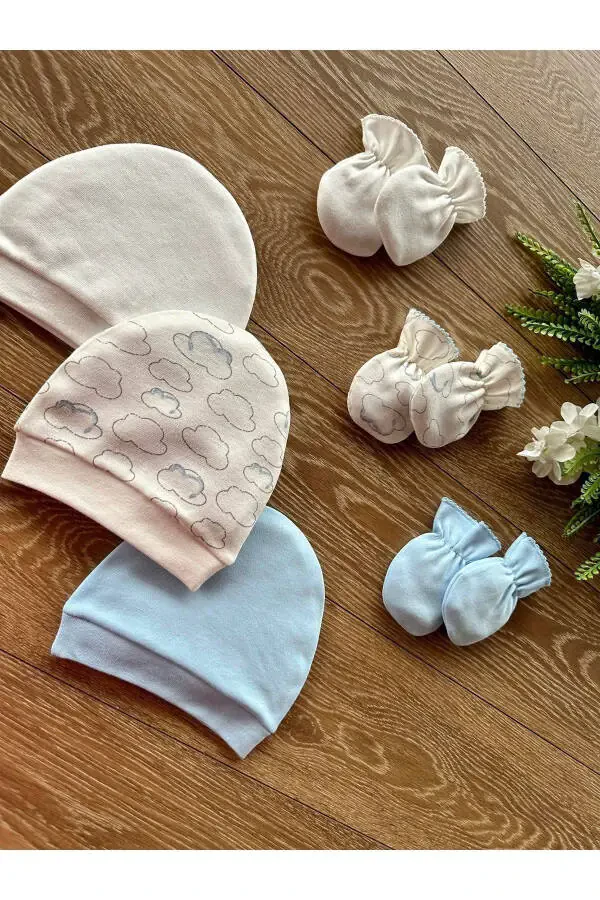 Organic 6-Piece Newborn Baby Mittens Hat Set Cloud - 3