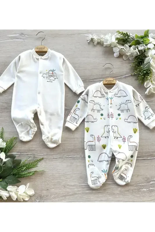 Organic Cotton 2-Piece Baby Jumpsuit Set with Booties - Dinosaurs - RENKLI PUSET