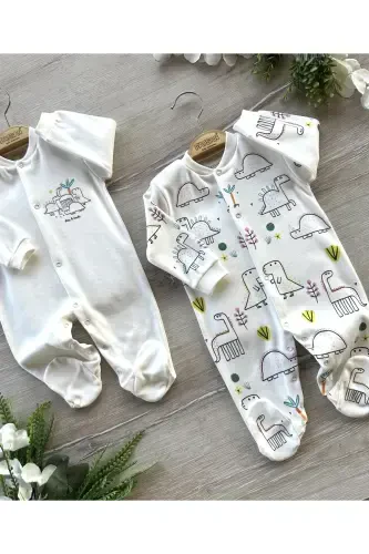 Organic Cotton 2-Piece Baby Jumpsuit Set with Booties - Dinosaurs - RENKLI PUSET (1)