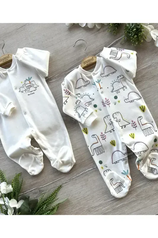 Organic Cotton 2-Piece Baby Jumpsuit Set with Booties - Dinosaurs - 2