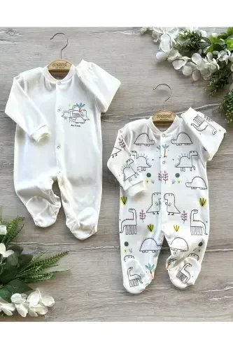 Organic Cotton 2-Piece Baby Jumpsuit Set with Booties - Dinosaurs - 3