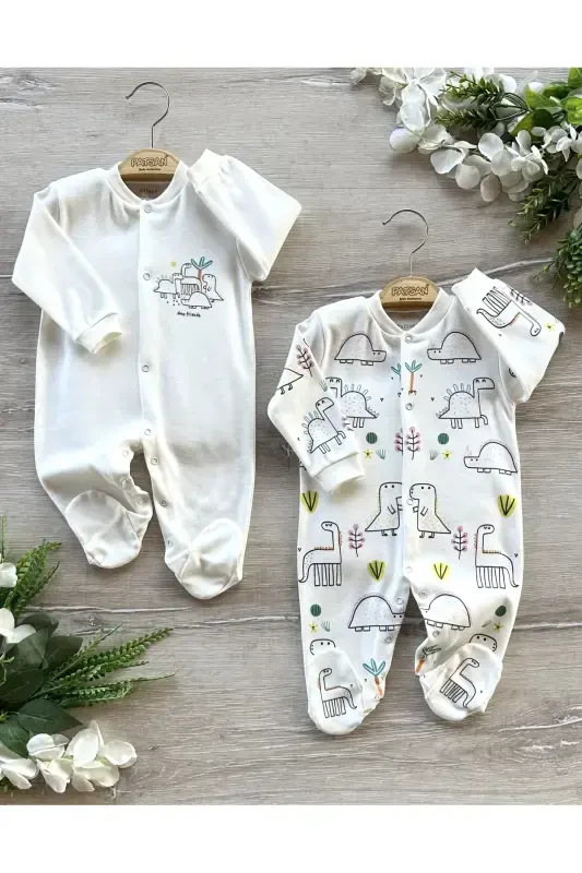 Organic Cotton 2-Piece Baby Jumpsuit Set with Booties - Dinosaurs - 3