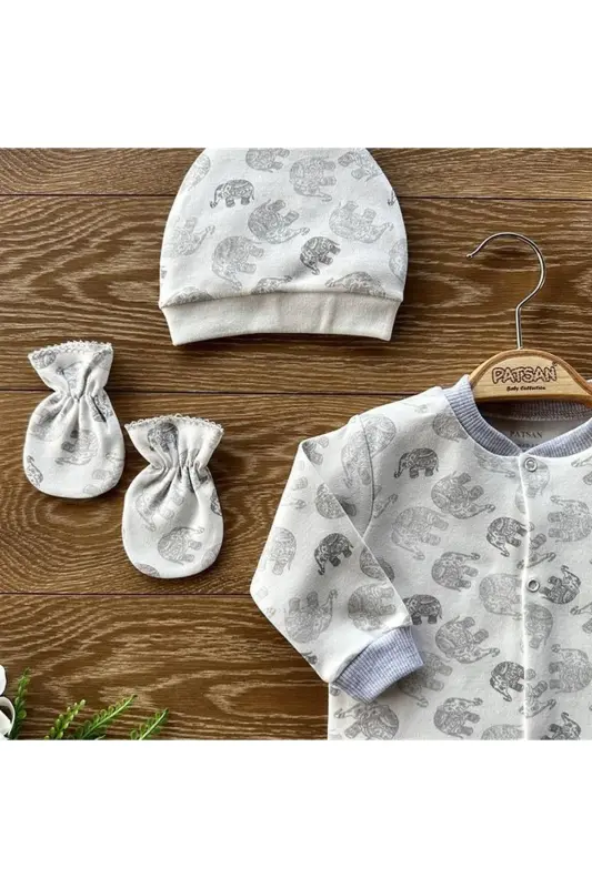 Organic Cotton 3-Piece Knitted Baby Footed Romper Set Elephant-Gray - 3
