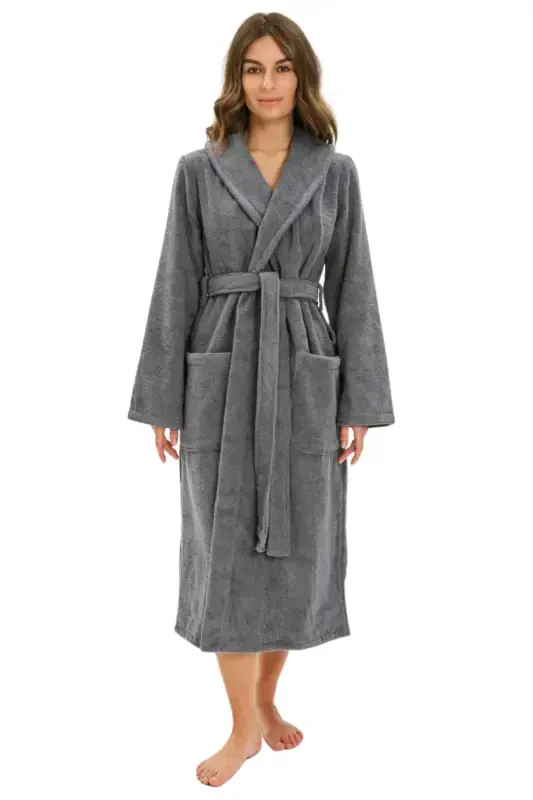 Organic Cotton Bathrobe Salyaka Boucle Antibacterial Soft Bathrobe Gift Daily Dowry Men Women-GRAY - OYALI TEXTİLE
