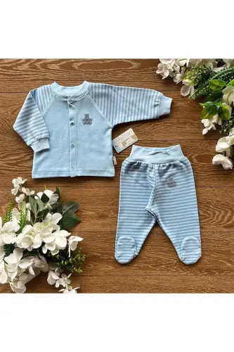 Organic Cotton Combed Baby Basic Snap Fastener Bottom and Top Footed Pajamas Set Striped-Blue 