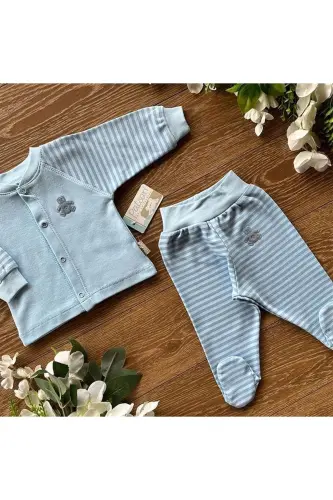 Organic Cotton Combed Baby Basic Snap Fastener Bottom and Top Footed Pajamas Set Striped-Blue - 3