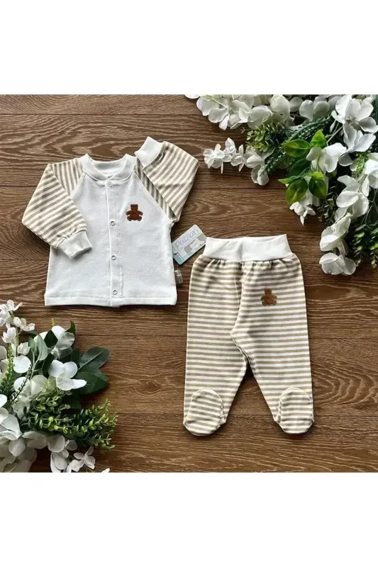 Organic Cotton Combed Baby Basic Snap Fastener Bottom Top Footed Pajamas Set Striped-Ecru - PATSAN