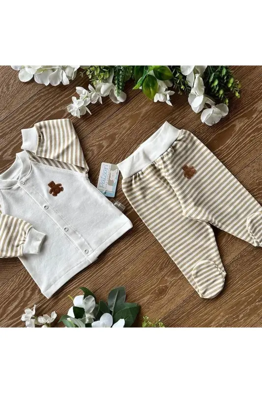 Organic Cotton Combed Baby Basic Snap Fastener Bottom Top Footed Pajamas Set Striped-Ecru - 2