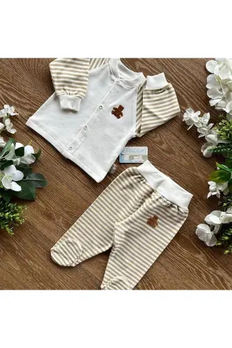 Organic Cotton Combed Baby Basic Snap Fastener Bottom Top Footed Pajamas Set Striped-Ecru - 3