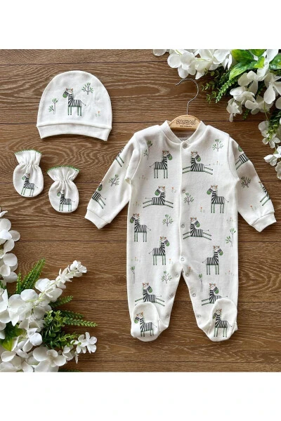 Organic Cotton Newborn Set with Mittens, Hat and Footed Baby Jumpsuit Outfit Zebra - PATSAN