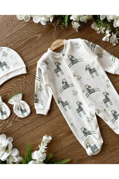 Organic Cotton Newborn Set with Mittens, Hat and Footed Baby Jumpsuit Outfit Zebra - 3