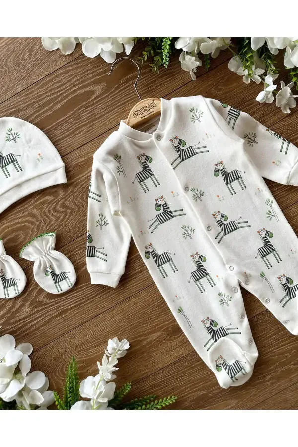 Organic Cotton Newborn Set with Mittens, Hat and Footed Baby Jumpsuit Outfit Zebra - 3