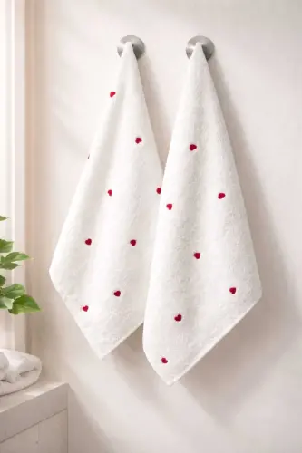 Organic Cotton - Premium Heart Embroidered Microcotton Hand and Face Towel Dowry Purple 1 Piece 50*90 - 3