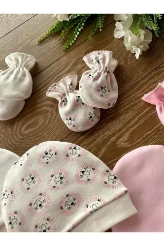 Organic Newborn Baby Mitten Hat Set Lion-Pink - 1