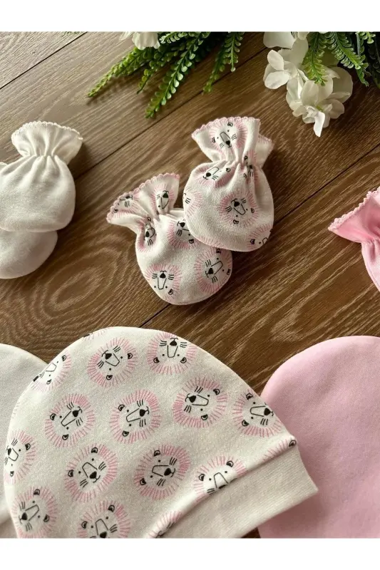 Organic Newborn Baby Mitten Hat Set Lion-Pink - RENKLI PUSET