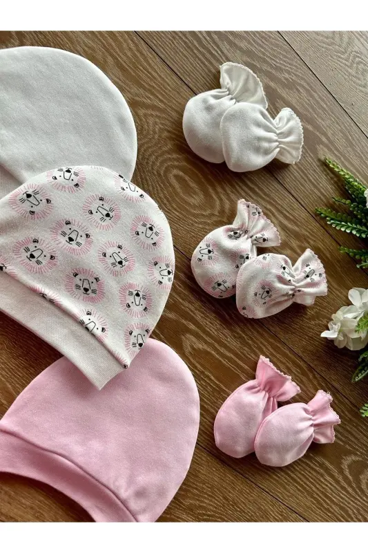 Organic Newborn Baby Mitten Hat Set Lion-Pink - 3