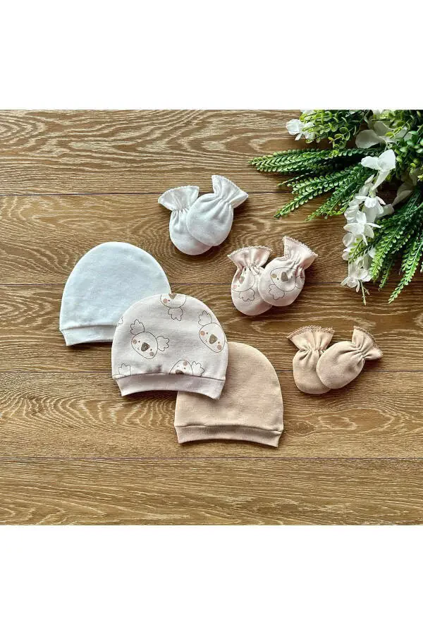Organic Newborn Baby Mittens Hat Set of 6 - 2