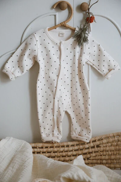 Organic Ribbed Baby Romper with Black Dot Pattern - 3
