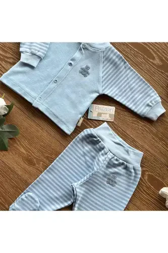 Органический хлопок пенье, детский базовый комплект с кнопками, штанишки, пижама с носочками, в полоску, синий - PATSAN (1)