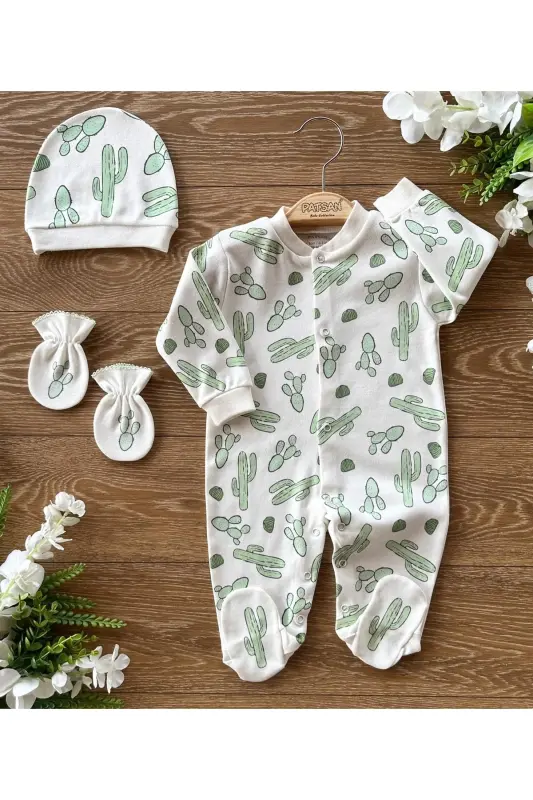 Organik 3'lü Yenidoğan Hastane Çıkışı Set Eldivenli Ve Şapkalı Patikli Bebek Tulum Takımı Kaktüs - Yeşil - 2