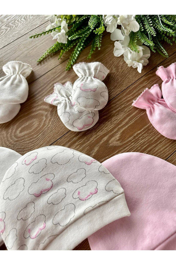 Organik 6'lı Yenidoğan Bebek Eldiven Şapka Takımı Bulut - Pembe - 1