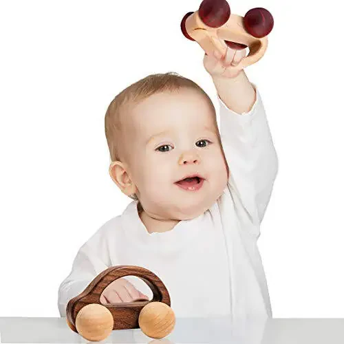 Organic Baby Push Car Wooden Toys 2pc Wood Car and Fine Movement Development and Infant Grasping Montessori Toys - 26