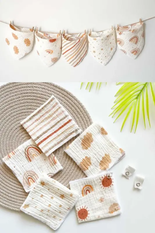 Organik Müslin Çıtçıtlı Bebek Mama Önlüğü ve Bebek Ağız Mendili ( 5 Adet ) - Gökkuşağı 5'li Ağız Mendili - OBİMİNİ