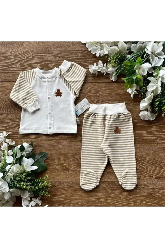 Organik Pamuk Penye Bebek Basic Çıtçıtlı Alt Üst Patikli Pijama Takım Çizgili-Ekru - PATSAN