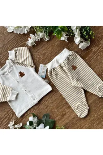 Organik Pamuk Penye Bebek Basic Çıtçıtlı Alt Üst Patikli Pijama Takım Çizgili-Ekru - PATSAN (1)