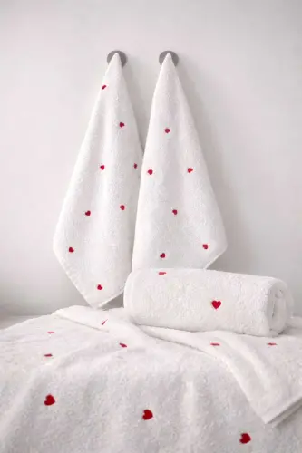 Organik Pamuk - Preminyum Kalp Nakışlı Microcotton El-yüz Havlusu Çeyizlik 1 Adet 50*90 - GENEL MARKALAR (1)