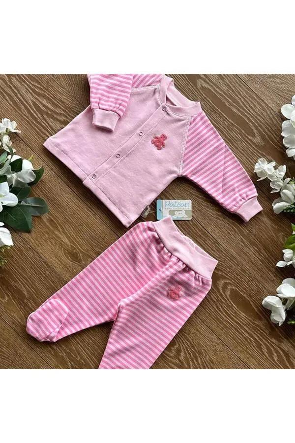 Organik Pamuk Penye Bebek Basic Çıtçıtlı Alt Üst Patikli Pijama Takım Çizgili-Pembe - 2