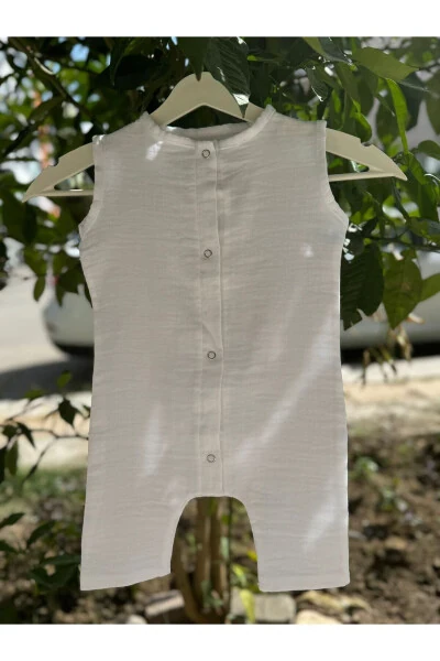 Organik Pamuklu Çift Kat Müslin Bezi Bebek Beyaz Kolsuz Tulum - Modazone