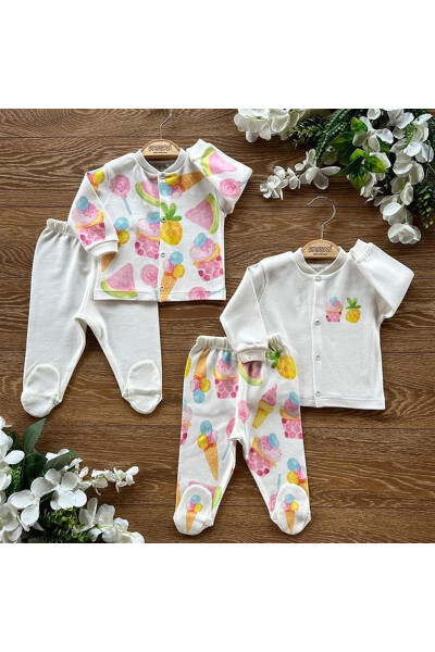 Organik paxta 4-qavatli chaqaloq uchun yuqori va pastki kiyimlari bilan pijama to'plami Cupcake - 3