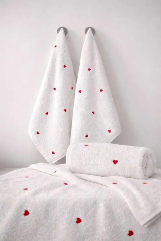 Organik Paxta - Premium Yurak Naqshli Microcotton Qo'l va Yuz Sochiq To'y To'plami Bordo 1 Dona 50*90 - 2