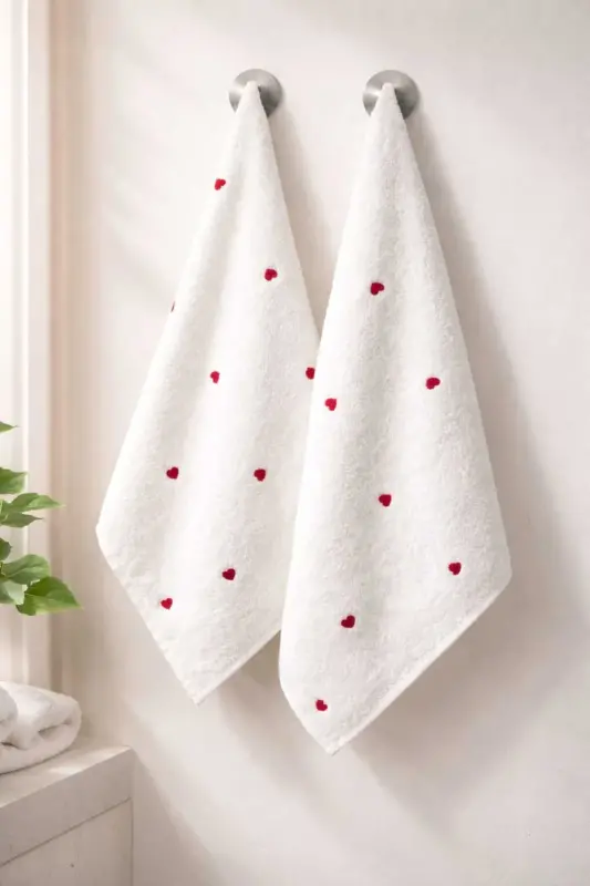 Organik Paxta - Premium Yurak Naqshli Microcotton Qo'l va Yuz Sochiq To'y To'plami Bordo 1 Dona 50*90 - 3