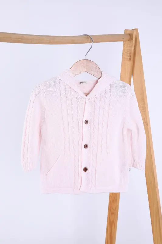 Organik Triko Kız Erkek Bebek Çocuk Kapüşonlu Hırka 6001 - Pembe - 1