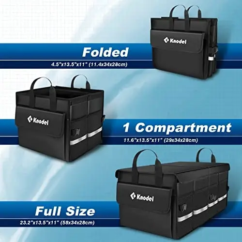 Организатор багажника автомобиля K KNODEL с крышкой, складной органайзер для хранения багажника автомобиля, органайзер и хранилище для автомобилей SUV, грузовиков, седанов (2C, черный) - 3