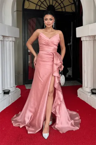 Органза Атласная Ткань Платье с Шнуровкой на Спине - ПУДРА - BÜYÜKBEDENIZ (1)